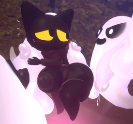 anthro big_breasts big_butt black_body black_fur blush bodily_fluids breast_play breasts butt female fur genitals group hot_dogging huge_breasts huge_butt male male/female penis sex shortstack solo_focus sweat titfuck trio kingofacesx google google_doodle magic_cat_academy momo_(google) domestic_cat felid feline felis ghost mammal spirit