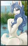 anthro blue_eyes blue_hair border breasts clothed clothing detailed_background female fur hair long_hair looking_at_viewer one_eye_closed open_mouth outside smile solo tongue topless white_body white_fur arctic-sekai arctic_ikume domestic_cat felid feline felis mammal