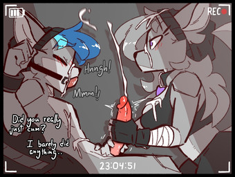 anthro ball_gag beanie big_penis bodily_fluids bound breasts camera_view clothing cuff_(restraint) cum cum_on_breasts cum_on_self cumshot dialogue disappointed duo ejaculation female fur gag genital_fluids genitals grey_body grey_fur hat headgear headwear kidnapping male male/female orgasm penis purple_eyes questionable_consent restraints submissive submissive_male text unwanted_ejaculation zoul_illustration loco_(zoul_illustration) zoul english_text