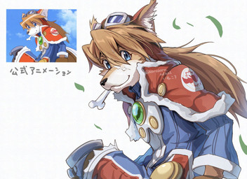 anthro biped blue_eyes bone_in_mouth capelet clothed clothing eyewear eyewear_on_head fully_clothed furgonomic_headwear furgonomics goggles goggles_on_head hair kemono long_hair looking_at_viewer male scar simple_background solo white_background windswept_hair korokoro_nekoz cyberconnect2 little_tail_bronx solatorobo red_savarin canid canine caninu canis domestic_dog mammal 2025 hi_res japanese_description portrait redraw reference_image three-quarter_portrait