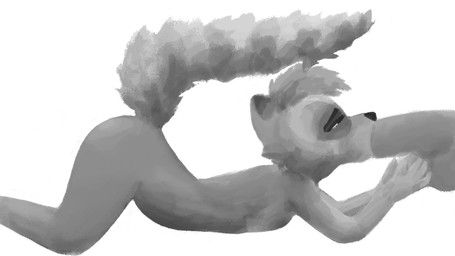 anthro arched_back big_penis breasts duo fellatio female flat_chested flexible fluffy fluffy_tail genitals hair hand_on_balls head_tuft kneeling long_tail lying narrowed_eyes on_front oral penile penis penis_in_mouth sex shortstack side_view small_breasts small_waist squint tail tuft honeywp mammal procyonid raccoon 16:9 black_and_white hi_res monochrome sketch widescreen