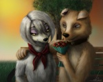 amber_eyes anthro bouquet brown_eyes collar duo female flower fur grey_body grey_fur hair male male/female plant romantic romantic_ambiance white_body white_fur nightsgirl666 roadside_romeo laila_(roadside_romeo) romeo_(roadside_romeo) canid canine canis domestic_dog mammal 5:4