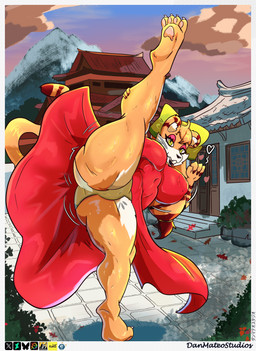 anthro big_breasts big_butt breasts butt clothed clothed_anthro clothed_female clothing female fur green_eyes huge_butt orange_body stretching thick_thighs white_body white_fur danmateostudios xingzuo_temple dou_(diives) felid mammal pantherine tiger absurd_res hi_res