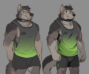 anthro beard biceps biped black_bottomwear black_clothing black_shorts bottomwear claws clothed clothed_anthro clothed_male clothing collar facial_hair fist fur green_clothing green_eyes green_shirt green_tank_top green_topwear grey_body grey_fur hair looking_at_viewer male male_anthro muscular muscular_anthro muscular_male pecs shirt short_hair shorts simple_background smile smiling_at_viewer solo standing tank_top topwear aluminemsiren horrorbuns remember_the_flowers patsy_(remember_the_flowers) canid canine canis mammal wolf hi_res