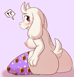 anthro areola big_butt biped blush breasts butt clothed clothing exclamation_point female fur horn interrobang legwear looking_back nipples question_mark side_boob sitting solo speech_bubble stockings thick_thighs topless white_body white_fur mukitsune undertale undertale_(series) toriel boss_monster_(undertale) bovid caprine mammal 2015 digital_media_(artwork) hi_res