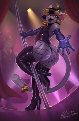 accessory anthro being_watched bell black_clothing boots butt clothing curtains dancing duo female femboy fishnet_clothing footwear furgonomics gloves grabbing_pole hair handwear happy high_heeled_boots high_heels legwear leotard lights looking_at_another looking_at_viewer male male/female multicolored_hair open_mouth pole pole_dancing pose shoes stripper_pole tail tail_accessory tail_bell thigh_boots thigh_highs two_tone_hair pajamamcham jaspar_(pajamamcham) trudy_(pajamamcham) domestic_cat felid feline felis mammal