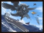 aircraft airplane ambiguous_gender anchor battle claws cloud destruction detailed_background feathered_wings feathers feral fight fire flying group jet king macro military navy outside royalty sea seascape ship sky tail vehicle water watercraft wings mick39 mythology dragon kaiju mythological_creature mythological_scalie scalie 4:3 blue_theme cool_colors