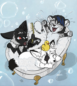 bath bathing brush bubble chibi clothed clothing group happy male nude open_mouth rubber_duck rubber_duck_on_head shocked topless blokfort polaris_(mousguy) arctic_fox canid canine felid fox leopard mammal pantherine true_fox 2021 hi_res