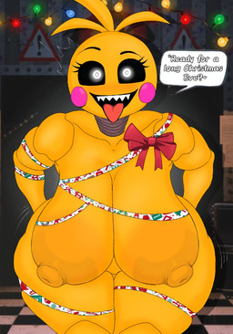 anthro bent_over big_breasts black_sclera breasts curvy_figure dialogue eyelashes female glowing glowing_eyes holidays huge_breasts huge_hips huge_thighs leaning leaning_forward looking_at_viewer machine motion_lines nipples nude nude_anthro nude_female open_mouth open_smile robot_joints rosy_cheeks sharp_teeth smile solo talking_to_viewer teeth text thick_thighs tongue tongue_out voluptuous voluptuous_anthro voluptuous_female white_eyes wide_hipped_anthro wide_hipped_female wide_hips wrappings yellow_body crazypearl christmas five_nights_at_freddy's five_nights_at_freddy's_2 scottgames lovetaste_chica toy_chica_(fnaf) animatronic avian bird chicken galliform phasianid robot 2025 english_text hi_res