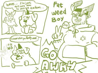 anthro beanie clothing dialogue drugs gesture hand_gesture hat headgear headwear heart_symbol hoodie horn male marijuana marijuana_leaf overweight overweight_anthro overweight_male redesign speech_bubble text thinking topwear v_sign burrrnt nintendo pokemon basil_(burrrnt) benji_(burrrnt) canid canine canis domestic_dog eeveelution generation_4_pokemon leafeon mammal pokemon_(species) 2025 comic digital_media_(artwork) english_text hi_res monochrome sketch