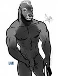 abs anthro balls barely_visible_balls barely_visible_genitalia beard biceps biped clothing dot_eyes ear_piercing erection eyebrows facial_hair foreskin fur genitals gloves_(marking) hair holding_balls holding_clothing holding_object holding_penis holding_underwear humanoid_genitalia humanoid_penis jockstrap looking_at_viewer male manly markings mohawk muscular muscular_anthro muscular_male nipples nude pecs penis piercing raised_eyebrow simple_background simple_eyes smile solo standing text underwear whiskers white_background bgn mendo_(bgn) mammal marine pinniped sea_lion 2019 greyscale hi_res monochrome signature url