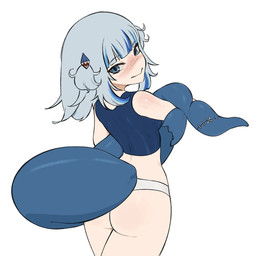 accessory blue_eyes blue_highlights butt clothing female hair hair_accessory highlights_(coloring) looking_at_viewer pale_skin scar shark_tail solo tight_clothing white_hair gurumo hololive hololive_en vtuber gawr_gura aquatic fish humanoid shark 1:1
