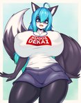 anthro big_breasts blue_eyes blush breasts camel_toe clothing curvy_figure female huge_breasts nipple_outline open_mouth shirt solo text text_on_clothing text_on_shirt text_on_topwear top_heavy topwear tailzkim sugoi_dekai uzaki-chan_wa_asobitai! hanul canid canine canis domestic_dog mammal 2021 absurd_res hi_res