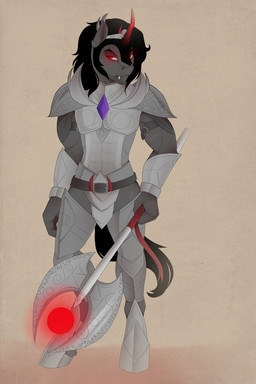 abs anthro anthrofied armor axe battle_axe black_hair bracers breastplate clothing crown double_bitted_axe emerald_(gem) fangs fantasy_axe fantasy_weapon gauntlets gem gloves glowing glowing_eyes greaves hair handwear headgear hooves horn jewelry magic_weapon male melee_weapon pauldron plate_mail pupils red_eyes silver_(metal) silver_hooves slit_pupils solo sword teeth weapon evehly friendship_is_magic hasbro my_little_pony mythology king_sombra_(mlp) equid equine mammal mythological_creature mythological_equine unicorn 2016 2:3 absurd_res digital_media_(artwork) hi_res