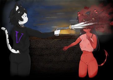 blood bodily_fluids bra bra_strap brain breasts clothing death duo female female/female gore gun killing organs ranged_weapon straps underwear weapon trimo meru_(merunyaa) valeria_(razval) demon domestic_cat felid feline felis mammal absurd_res hi_res