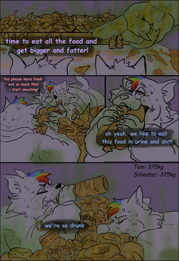 anthro bodily_fluids clothed clothed_anthro clothed_male clothing dialogue drinking drinking_alcohol drinking_urine duo eating eating_feces eating_food feces feces_in_mouth feces_on_food food genital_fluids lgbt_pride lgbt_rainbow male male/male overweight overweight_anthro overweight_male text urine urine_in_mouth watersport_on_food watersports weight_gain danothegingerfatass dragon_ball dragon_ball_super looney_tunes metro-goldwyn-mayer tom_and_jerry warner_brothers champa sylvester_(looney_tunes) thomas_cat domestic_cat felid feline felis god_of_destruction mammal absurd_res comic english_text hi_res