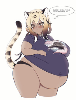 big_breasts big_butt black_hair blonde_hair blush blush_lines breasts butt clothed clothing dark_body dark_skin dialogue duo female hair huge_breasts huge_thighs male markings multicolored_hair navel obese obese_female obese_humanoid overweight overweight_female overweight_humanoid pink_hair shirt simple_background striped_markings striped_tail stripes tail tail_markings text thick_thighs thought_bubble topwear yellow_eyes cakecatboy kiera_(cowszers) animal_humanoid cat_humanoid felid felid_humanoid feline feline_humanoid humanoid mammal mammal_humanoid pantherine pantherine_humanoid tiger_humanoid character_request english_text hi_res