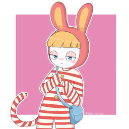 3_fingers alternate_species anthro arms_bent bangs blonde_hair blue_eyes blue_pupils blush button_(fastener) clothed clothed_anthro clothed_male clothing fingers fur furrification hair half-closed_eyes hat headgear headwear light long_ears long_tail looking_at_viewer male male_anthro mouth_closed narrowed_eyes noseless onesie pink_clothing pink_hat pink_headwear pupils rabbidification red_stripes shoulder_bag simple_background solo standing striped_onesie stripes tail tan_eyelids text white_body white_fur white_onesie peypey_mei1925 popee_the_performer raving_rabbids rayman_(series) ubisoft popee_(popee_the_performer) lagomorph mammal rabbid 1:1 2025 artist_name colored digital_drawing_(artwork) digital_media_(artwork) english_description hi_res lighting portrait shaded three-quarter_portrait