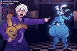 big_butt bottom_heavy butt cheek_spots clothing dialogue femboy hair half-closed_eyes huge_butt machine narrowed_eyes nude open_mouth open_smile pear-shaped_figure smile suit text thick_thighs white_hair wide_hips jui_nichi five_nights_at_freddy's scottgames bonnie_(fnaf) animatronic human lagomorph leporid mammal rabbit robot absurd_res english_text hi_res