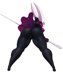 anus black_body black_eyes bottomless breasts butt cape clothed clothing dress empty_eyes female genitals horn innie_vulva melee_weapon muscular_legs nipple_outline simple_background solo standing thick_thighs vulva weapon white_background white_horn mrsk hollow_knight_(franchise) team_cherry hornet_(hollow_knight) arthropod humanoid 2017 digital_media_(artwork) hi_res