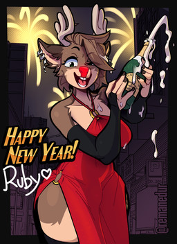 alcohol anthro antlers beverage breasts brown_body bulge champagne city clothed clothing container dress fireworks fur glass glass_container gynomorph hair horn intersex looking_at_viewer open_mouth red_nose smile solo text thick_thighs wide_hips conditional_dnp remanedur ruby_(remanedur) rudolph_the_red-nosed_reindeer deer mammal new_world_deer reindeer digital_media_(artwork) trans_(lore) trans_woman_(lore)