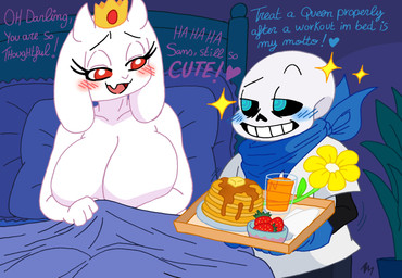after_sex alternate_universe anthro bed big_breasts blush bone breakfast breasts crown duo female furniture headgear male male/female skeleton smile text teddynours underswap undertale_(series) sans_(undertale) toriel boss_monster_(undertale) absurd_res english_text hi_res
