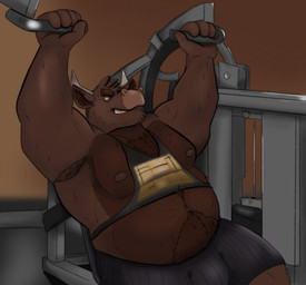 anthro armpit_hair belly body_hair brown_body brown_fur bulge clothing exercise fur humanoid_hands male moobs nipples overweight overweight_male sitting solo underwear weightlifting workout dippubear bovid bovine cattle mammal 2021 hi_res