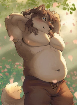 anthro blue_eyes blush bottomwear brown_hair clothed clothing hair hands_behind_head male navel outside pants petals slightly_chubby slightly_chubby_male solo topless noviraine toki_(noviraine) canid canine canis mammal wolf portrait three-quarter_portrait