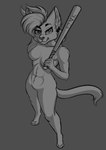 abs anthro baseball_bat bat_(object) breasts female hair medium_breasts muscular muscular_anthro nude solo tail chooper8 felid feline mammal absurd_res character_request hi_res monochrome