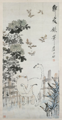 ambiguous_feral ambiguous_gender antennae_(anatomy) detailed_background digitigrade fence feral flower flying fur group insect_wings leaf looking_up outside paws plant pupils quadruped raised_paw raised_tail slit_pupils solo_focus spread_wings tail text whiskers white_body white_fur wings yellow_sclera xu_gu_(artist) public_domain arthropod butterfly domestic_cat felid feline felis insect lepidopteran mammal 19th_century ancient_art chinese_text hi_res painting_(artwork) traditional_media_(artwork) traditional_painting_(artwork) translated