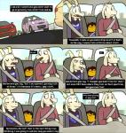 2017 ambiguous_gender anthro asriel_dreemurr boss_monster_(undertale) bovid caprine car claws clothed clothing comic dialogue driving english_text fangs female frisk_(undertale) fur group hair hi_res horn human inside_car kemono long_ears male mammal potoobrigham smile teeth text toriel undertale undertale_(series) vehicle white_body white_fur young