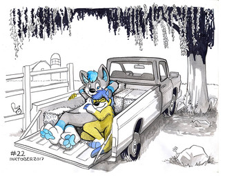 anthro blue_eyes blue_hair blue_pawpads closed_smile duo eyewear fence fur glasses glistening glistening_eyes grey_body grey_fur hair hug logo lying male mouth_closed nude on_back on_side outside pawpads plant rock short_hair smile tree white_body white_fur yellow_body yellow_fur young young_anthro young_male pandapaco canid canine mammal mustelid otter 2017 artist_logo dated partially_colored signature