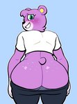 anthro big_butt blush bottomwear bottomwear_down butt clothed clothing female freckled_butt freckles fur green_eyes looking_at_viewer pants pants_down partially_clothed pink_body pink_fur solo undressing lovetopullmicke animal_crossing nintendo megan_(animal_crossing) bear mammal absurd_res hi_res