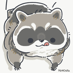 black_eyes black_nose chibi dot_eyes feral grey_body simple_eyes solo tongue tongue_out white_body yencatx mammal procyonid raccoon 1:1 2022