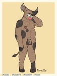 balls big_balls blush brown_body brown_fur flaccid foreskin fur genitals green_eyes hooves horn looking_at_viewer male nipples penis simple_background slightly_chubby solo spots promedio bovid bovine cattle mammal absurd_res hi_res