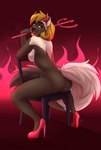 absurd_res anthro areola black_nose blonde_hair breasts clothing demon fairdahlia fangs female fire fluffy fluffy_tail footwear footwear_only fur furniture gradient_background gulonine hair hell hi_res high_heels horn long_tail mammal mel_(mykegreywolf) melee_weapon mostly_nude mustelid musteline nude polearm shoes shoes_only short_hair side_boob simple_background sitting smile solo tail tan_body tan_fur teeth tongue trident weapon wolverine