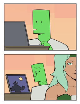 4_fingers ambiguous_gender black_eyebrows closed_smile clothing computer duo electronics evil_grin eyebrows fingers front_view green_body green_clothing green_eyes green_headwear green_topwear grey_clothing grey_shirt grey_topwear hair head_turned headgear headwear laptop looking_at_another looking_at_object looking_back looking_back_at_another male moon mouth_closed narrowed_eyes oblivious open_mouth pupils raised_eyebrows rear_view shirt silhouette small_comic smile snout solo teal_hair thin_eyebrows topwear white_sclera bonnymama7 canid canine canis human mammal wolf 2026 absurd_res bust_portrait comic digital_drawing_(artwork) digital_media_(artwork) first_page flat_colors hi_res picture_in_picture portrait