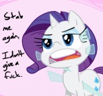 blue_eyes cutie_mark dialogue female feral fur glass hair horn impalement purple_hair solo text white_body white_fur elslowmo friendship_is_magic hasbro my_little_pony mythology rarity_(mlp) equid equine mammal mythological_creature mythological_equine unicorn 2012 english_text