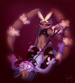 4_fingers bite biting_lip blush bodily_fluids collar cowgirl_position cum cum_in_ass cum_inside cum_on_penis dominant dominant_male duo femboy fingers from_front_position genital_fluids genitals leash leash_pull leashed_top male male/male male_on_bottom male_on_top navel on_bottom on_top pawpads penis power_bottom sex spiked_collar spikes submissive submissive_male teeth flufflix nintendo pokemon generation_1_pokemon generation_4_pokemon lopunny meowth pokemon_(species) hi_res