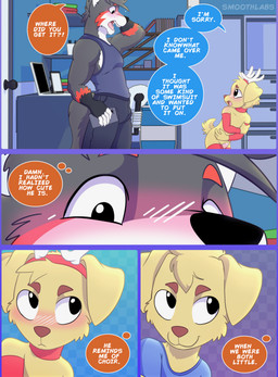 age_difference anthro clothed clothing duo fur grey_body grey_fur male male/male partially_clothed speech_bubble text yellow_body yellow_fur young younger_male smoothlabs absurd_res english_text hi_res