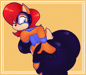 big_butt blue_eyes breasts bubble_butt butt butt_slap clothing female hair lucha_libre_mask mask open_mouth open_smile rear_view red_hair slap smile solo spanking sports_mask sportswear teeth wrestling_mask tonyneely sega sonic_the_hedgehog_(series) sally_acorn ground_squirrel mammal rodent sciurid absurd_res hi_res