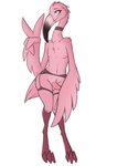 anthro clothing digitigrade feathers femboy genitals gesture hand_gesture looking_aside male nipples penis pink_body pink_feather red_eyes simple_background smile solo standing v_sign white_background evilymasterful avian bird flamingo
