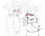 anthro ball_gag belly biped black_text blindfold blush bodily_fluids breasts clothing collar dialogue drooling duo eyewear facial_piercing female gag glasses harness holding_gag hoodie introducing_another introduction leash looking_at_viewer moan navel nipples nose_piercing nose_ring piercing rectangular_glasses ring_piercing saliva simple_background smile speech_bubble standing sweat talking_to_viewer text topwear wearing_glasses white_background sepulturegirl sophia_(sepulture_girl) canid canine canis domestic_cat felid feline felis mammal wolf 5:4 english_text hi_res restricted_palette sketch trans_(lore) trans_woman_(lore)