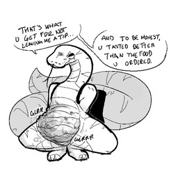after_vore ambiguous_gender anthro backpack backpack_only big_tail bone bone_imprints bones_in_stomach delivery_(commerce) delivery_employee digestion digestion_noises fatal_vore food_delivery forked_tongue male male_pred rumbling_stomach skull tail text tongue vore anonymous_artist python reptile scalie snake 1:1 english_text monochrome