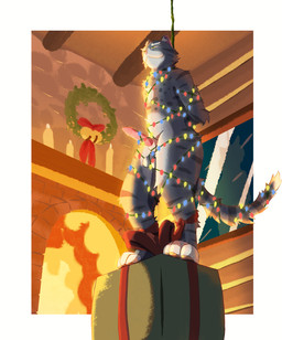 4_toes animal_genitalia animal_penis balls bdsm bell black_stripes bondage bound box brick candle container digitigrade erection eyebrows feet feline_genitalia feline_penis fire fireplace fur genitals gift_box gift_wrapped green_eyes green_sclera grey_body grey_fur hands_behind_back holidays inner_ear_fluff inside jingle_bell male multicolored_body multicolored_fur nude orange_pawpads pawpads penis pink_ears pink_nose pink_penis smile solo standing string_light_bondage string_lights stripes tail tape tape_bondage toes tuft white_body white_eyebrows white_fur window wood chuchochi christmas domestic_cat felid feline felis mammal hi_res