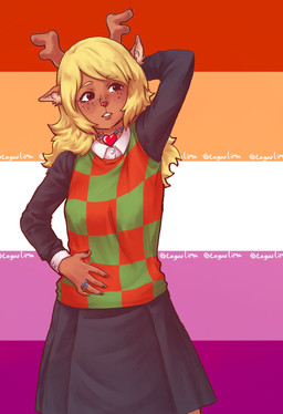 anthro antlers black_bottomwear black_clothing black_eyes black_nails black_skirt blonde_eyebrows blonde_hair bottomwear breasts brown_body brown_fur checkered checkered_clothing checkered_shirt checkered_topwear choker clothed clothed_anthro clothed_female clothing colored_nails digit_ring eyebrows eyelashes female female_anthro fingernails fingers freckled_face freckles fully_clothed fully_clothed_anthro fully_clothed_female fur hair hand_behind_head hand_on_belly heart_choker heart_symbol horn inner_ear_fluff jewelry lesbian_pride_colors lgbt_pride lips long_hair looking_aside nails necklace pattern_clothing pattern_shirt pattern_topwear pose pride_color_background pride_colors pupils raised_arm red_heart red_nose ring shirt short_ears simple_background skirt slim slim_anthro slim_female small_breasts smile solo teeth thorn_ring topwear tuft taguulima deltarune undertale_(series) noelle_holiday deer mammal new_world_deer reindeer hi_res portrait signature three-quarter_portrait