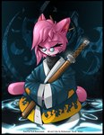 anthro asian_clothing black_border border clothing east_asian_clothing eyes_closed eyewear female fur glasses hair japanese_clothing katana kimono melee_weapon pink_body pink_fur pink_hair solo sword tail weapon scott_ramsoomair vg_cats aeris_(vg_cats) felid feline mammal