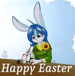 anthro blue_body blue_fur blue_hair breasts clothed clothing easter_egg egg female flower fully_clothed fur hair holidays long_hair painting plant simple_background small_breasts smile solo sunflower text white_body white_fur mancoin easter foxyverse lilly_sallaris lagomorph leporid mammal rabbit digital_media_(artwork) english_text hi_res signature