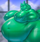 anthro belly big_belly big_moobs green_body huge_belly huge_moobs hyper hyper_belly looking_at_viewer male moob_grab moob_grope moobs nude obese obese_anthro obese_male overweight overweight_anthro overweight_male smile solo translucent translucent_body artisipancake mythology honeydew_(daletfours) dragon goo_creature goo_dragon mythological_creature mythological_scalie scalie absurd_res half-length_portrait hi_res portrait