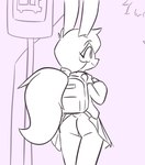 anthro backpack bottomwear bus_stop butt clothed clothing clothing_lift female hair looking_away oblivious simple_background skirt skirt_lift smile solo standing topwear waiting nova_rain noozy lagomorph leporid mammal rabbit 2022 digital_media_(artwork) hi_res